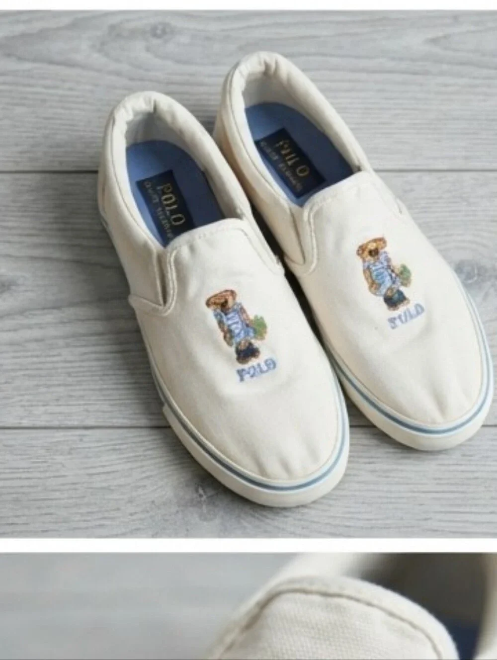 Polo by Ralph Lauren Cream Canvas Slip-On Sneakers with Bear Motif